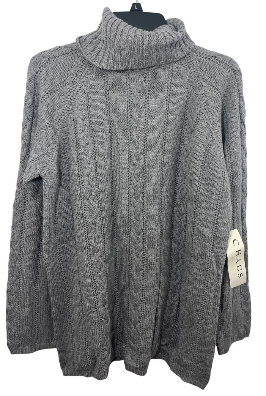 Chaus Sweater Turtleneck Light Gray Cable Knit Large Acrylic Pullover Y2K NWT